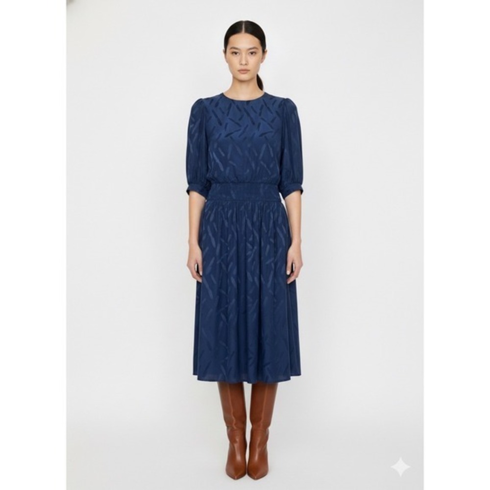 Argenti Vintage Navy Blue 100% Silk Puff Sleeve Smocked‎ Waist Midi Dress Size 6